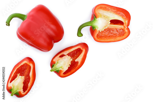 red sweet bell pepper isolated on white background with copy space for your text. Top view. Flat lay