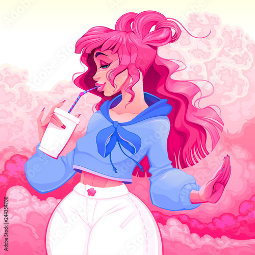 Beautiful girl is drinking by a straw in a pink atmosphere
