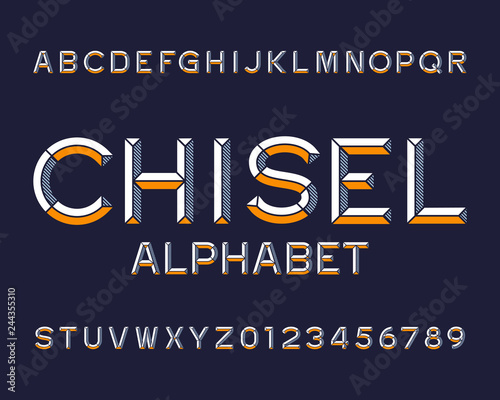 Chisel alphabet font. Type letters and numbers. Chiseled block vector typescript for your design.