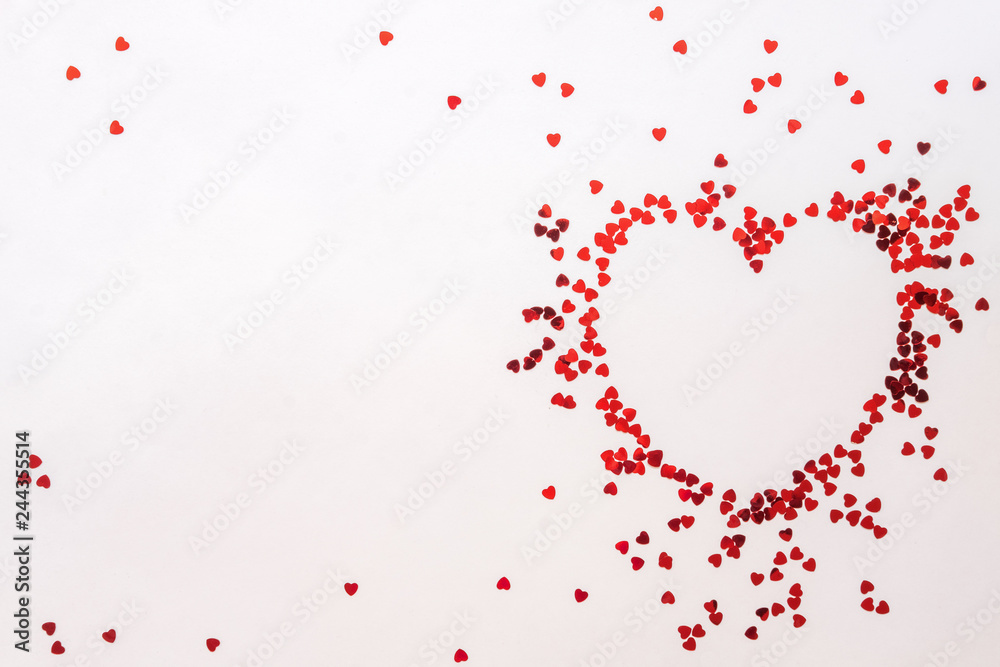 Valentine day mosk up background with red hearts, top view