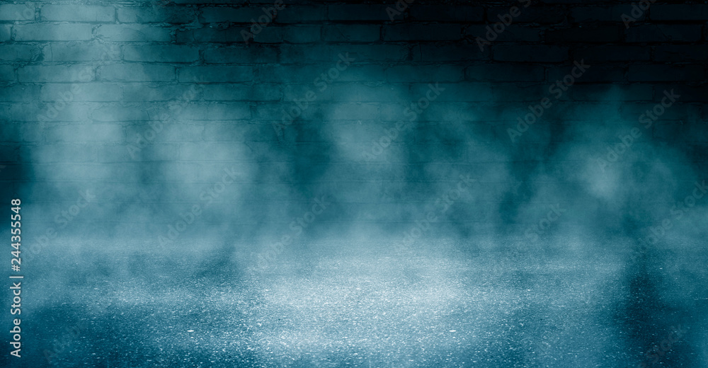 Background of an empty brick wall, illuminated by the light of a neon projector, concrete floor, smoke