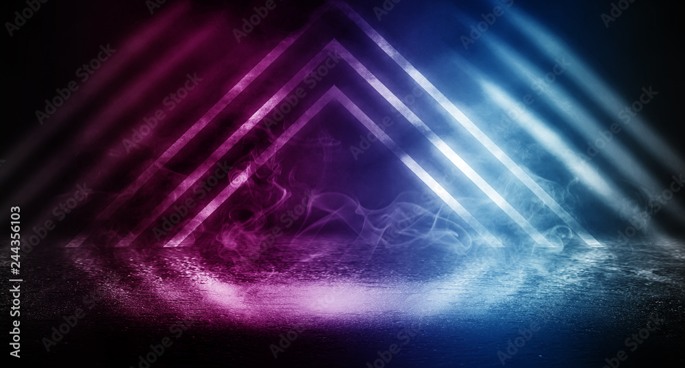Pink-blue background of an empty foggy street with wet asphalt, illuminated by a searchlight, laser beams, smoke Pink-blue background of an empty foggy street with wet asphalt, illuminated by a searchlight, laser beams, smoke