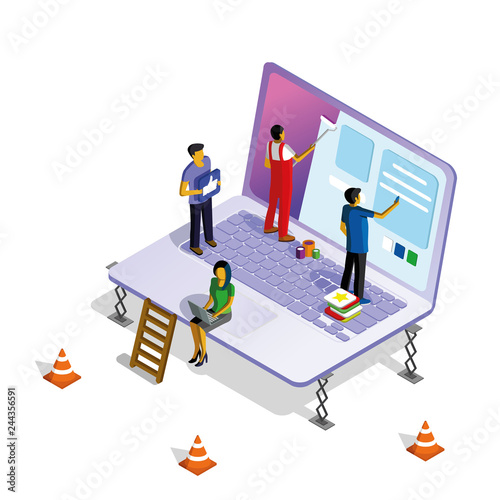 Isometric illustration with a laptop, men and women working on web design.