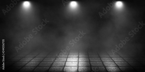 Dark background of empty street, room. Background of paving street tiles. Spotlight, laser beams, smoke, neon light © Laura Сrazy