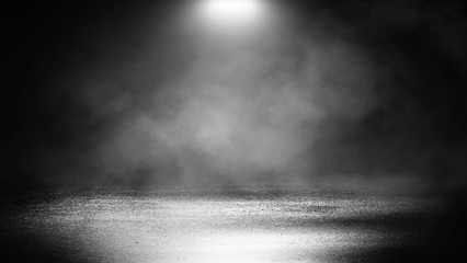 Black background of empty street, room, spotlight illuminates asphalt, smoke