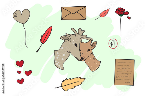 Set of Valentines Day design elements. Vintage deer. Postcard Creation Cit.