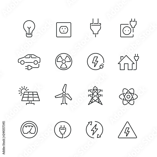 Energy and electricity related icons: thin vector icon set, black and white kit