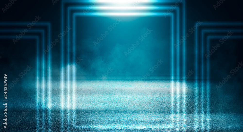 Black background of empty street, premises, blue searchlight illuminates asphalt, laser beams, smoke
