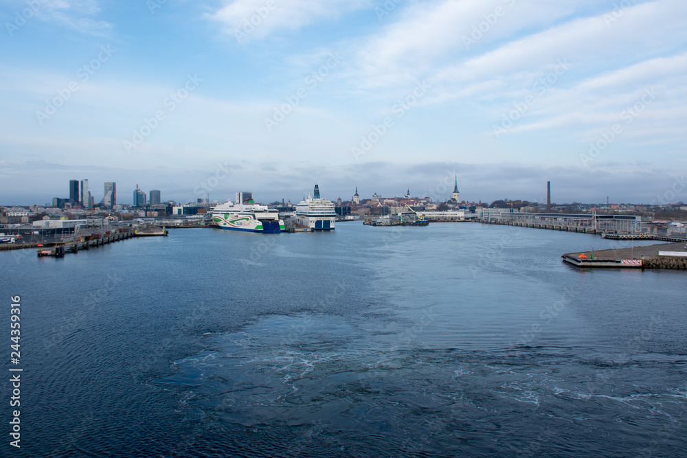 Tallinn. View of the city and the sea port from the departing ferry.