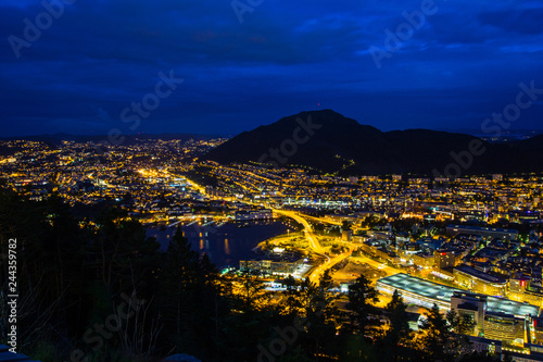 White Night of Bergen from view point Floyen  panoramic view  Bergen  Norway at sunset.