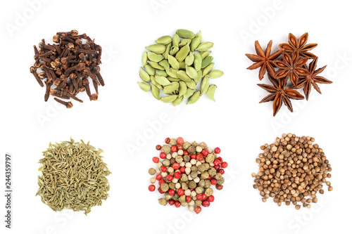 Fototapeta Naklejka Na Ścianę i Meble -  mix of spices isolated on a white background. Top view. Flat lay. Set or collection