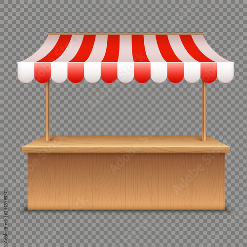 Empty market stall. Wooden tent with red and white striped awning isolated on transparent background