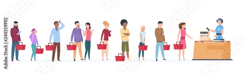 People queue. Man and woman standing waiting in long line row. Crowded queue in grocery store vector concept