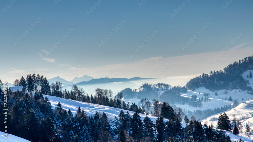 Schneebedecktes Tal in den Bergen