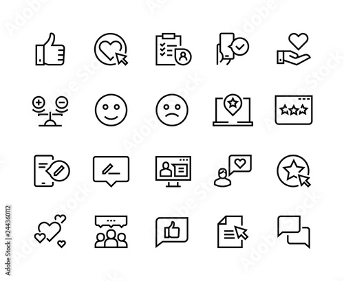Testimonials line icons. Happy customer feedback client service experience positive review satisfaction. Vector feedback business set
