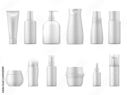 Realistic cosmetic package. Product bottle pack 3D white plastic lotion tube shampoo container blank empty package. Beauty vector set