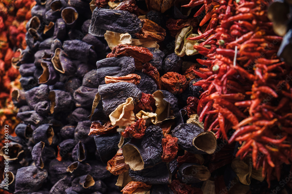 Egyptian bazaar with heap of dried pepper in Istanbul, Turkey