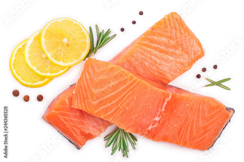 fillet of red fish salmon with lemon and rosemary isolated on white background. Top view. Flat lay