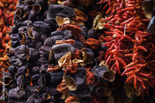 Egyptian bazaar with heap of dried pepper in Istanbul, Turkey