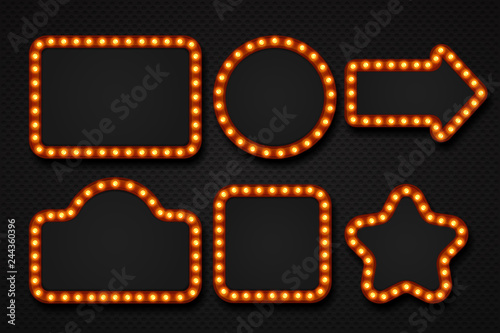 Light bulb frame. Makeup mirror marquee circus signboard cinema casino theater billboard lump border. Vector 3D light frames