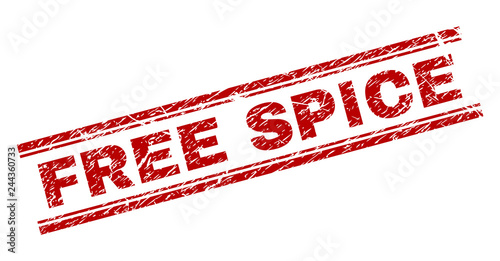 FREE SPICE seal watermark with grunge texture. Red vector rubber print of FREE SPICE title with unclean texture. Text tag is placed between double parallel lines.