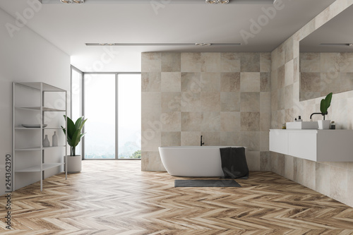 Beige tile bathroom  window and shelves