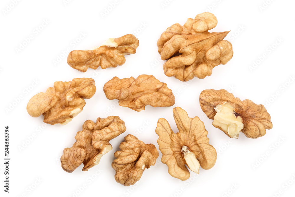 peelled Walnuts isolated on white background. Top view. Flat lay peelled Walnuts isolated on white background. Top view. Flat lay