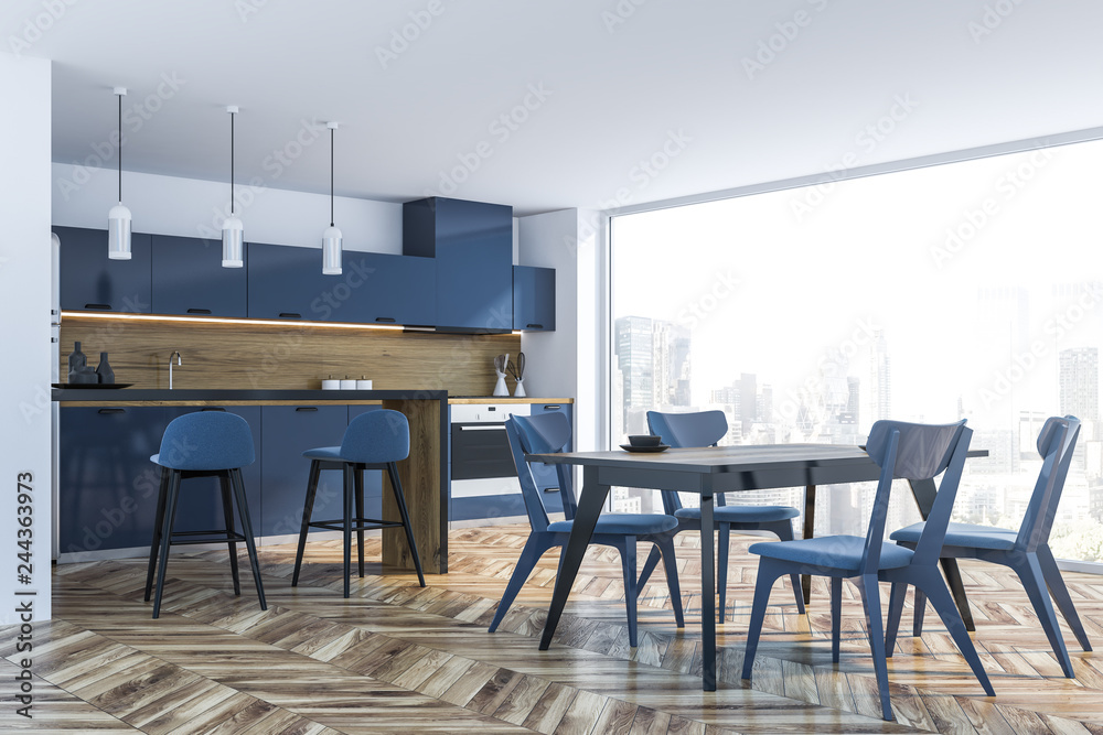 Blue panoramic kitchen with bar