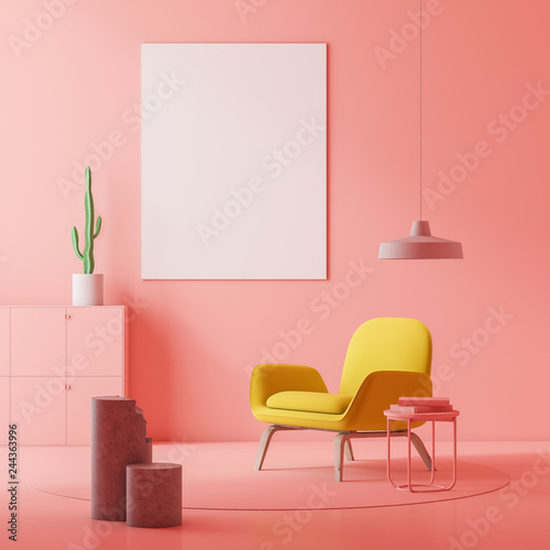 Pink living room, armchair and poster