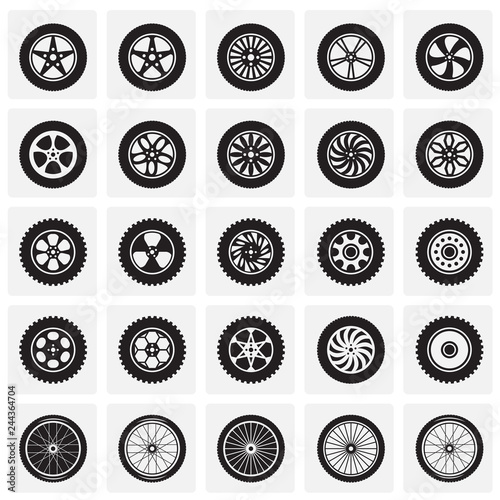 Wheel icons set on squares background for graphic and web design, Modern simple vector sign. Internet concept. Trendy symbol for website design web button or mobile app