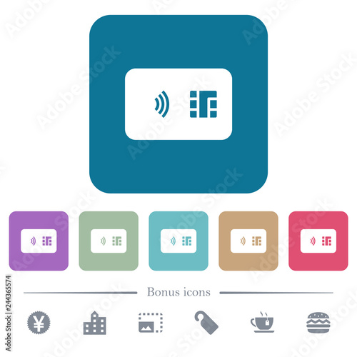 NFC chip card flat icons on color rounded square backgrounds