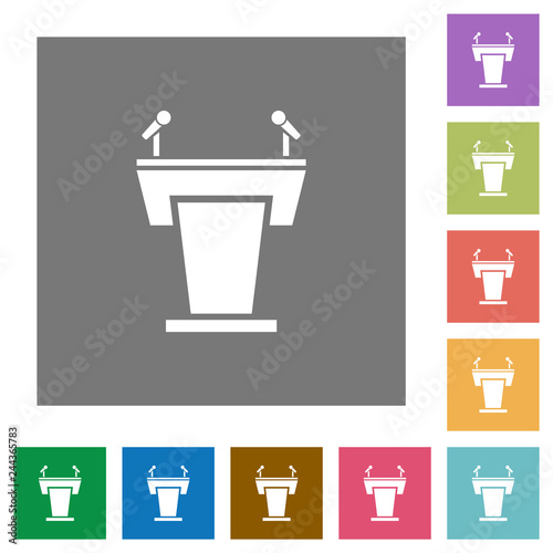 Conference podium with microphones square flat icons