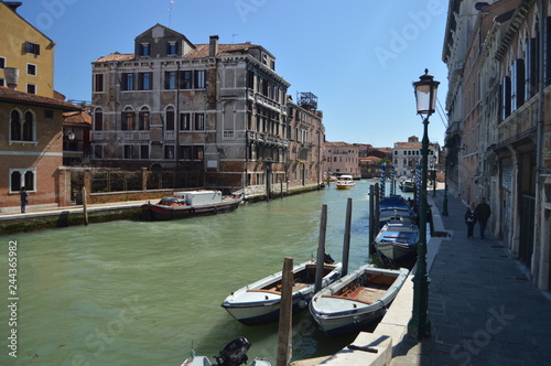Grand Canal In Cannareggio With Beautiful Boats Moored On Its Shore In Venice. Travel, holidays, architecture. March 28, 2015. Venice, Veneto region, Italy..
