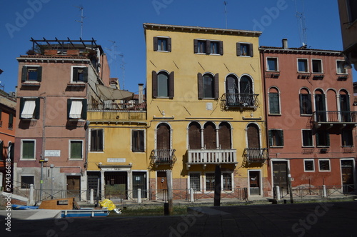 Striking Colorful Buildings In The Sotoportego Del Diamante In Venice. Travel, holidays, architecture. March 28, 2015. Venice, Veneto region, Italy.
