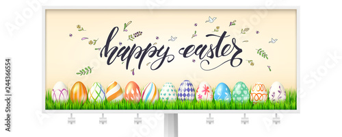 Billboard for Happy Easter holidays. Decorated eggs in green grass on background of handwritten text, hand drawing sketches in doodles style. Template for celebration of Easter. Vector 3d illustration