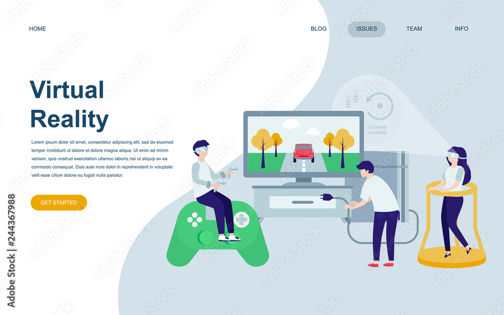 Modern flat web page design template of Virtual Augmented Reality decorated people character for website and mobile website development. Flat landing page template. Vector illustration. Modern flat web page design template of Virtual Augmented Reality decorated people character for website and mobile website development. Flat landing page template. Vector illustration.