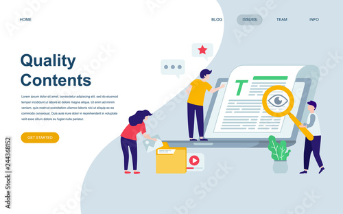 Modern flat web page design template of Quality Content decorated people character for website and mobile website development. Flat landing page template. Vector illustration.