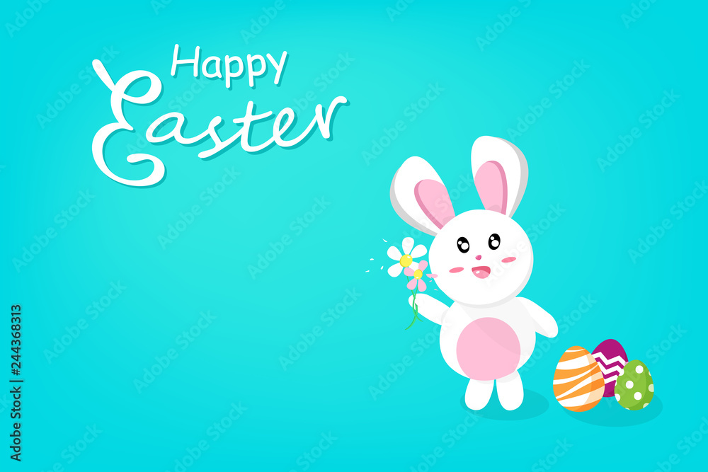 Happy Easter, cute rabbit holding flower with egg fancy, calligraphy season holiday, cartoon invitation poster greeting card abstract background vector illustration Happy Easter, cute rabbit holding flower with egg fancy, calligraphy season holiday, cartoon invitation poster greeting card abstract background vector illustration