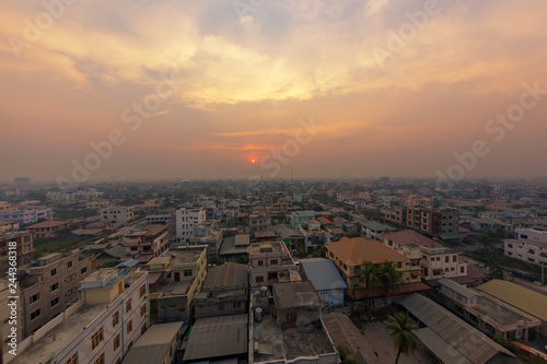 Mandalay city in during sunrise cityscape aerial view of Myanmar.