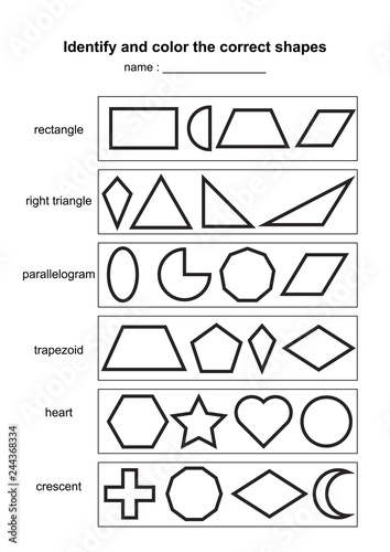 Identify and color the correct shapes. educational geometric shapes game. printable learning material for kids . black and white printable game illustration