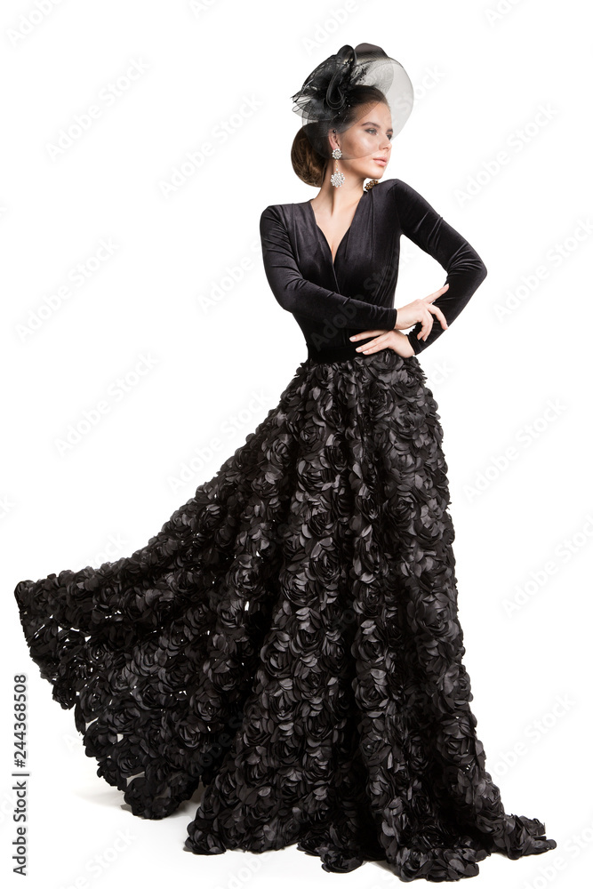 Fashion Model Long Black Dress, Elegant Woman in Hat Veil, Beauty ...