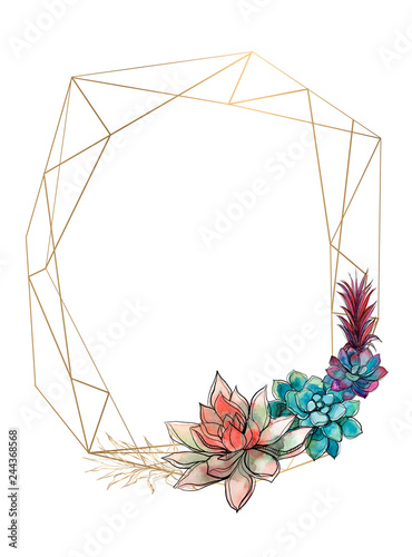 Gold geometric frame with succulents. Invitation. Vector.Watercolor Graphics photo