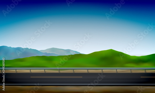 Roadside view with a crash barrier, green nature and clear blue sky background, road, vector illustration