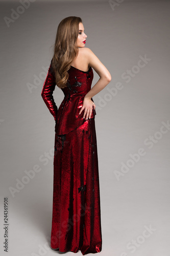 Fashion Model Red Sparkling Dress, Elegant Woman in Long Evening Gown, Girl Studio Portrait, Back Rear view