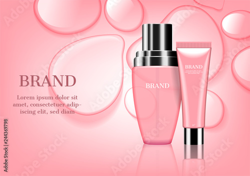 Pink cosmetic set with and water drops background