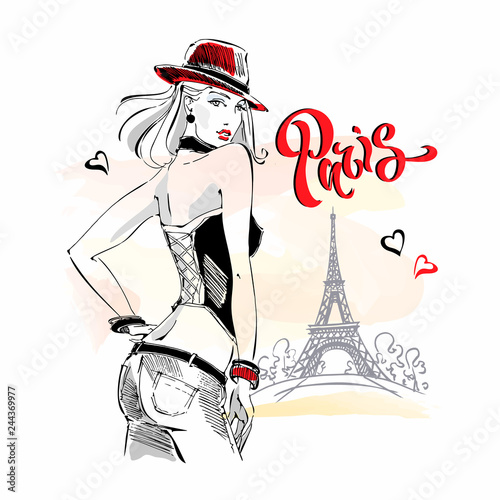 The girl in the hat drinks coffee.  Fashion model in Paris. Eiffel tower. Romantic composition. Elegant model on vacation. Vector.