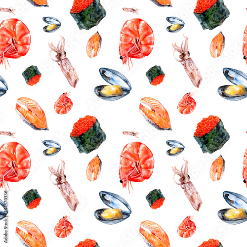 Watercolor salmon, squid, chrimp, sushi caviar isolated seamless pattern. photo
