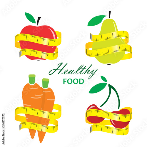 Healthy food. Measuring tape around fresh food. Diet concept. Vector illustration