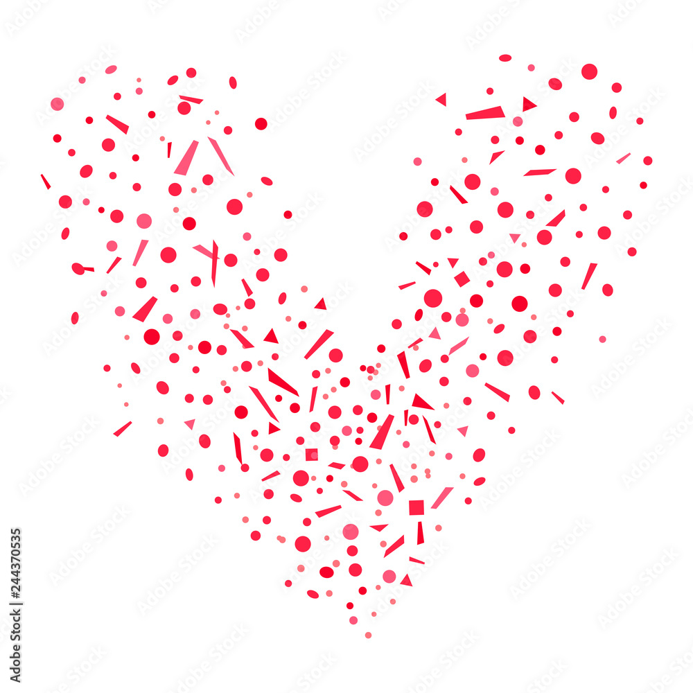 Heart from confetti on isolated white. Holiday colorful background from geometric elements. Festive pattern for banners, posters and flyers. Greeting cards. Doodle for design and business