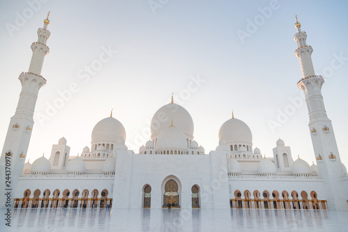 Grand Mosque in Abu Dhabi in the evening. Panorama of exterior of Sheikh Zayed Mosque.